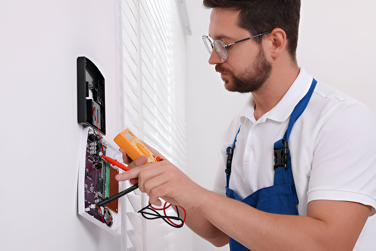 licensed electrician installing alarm system