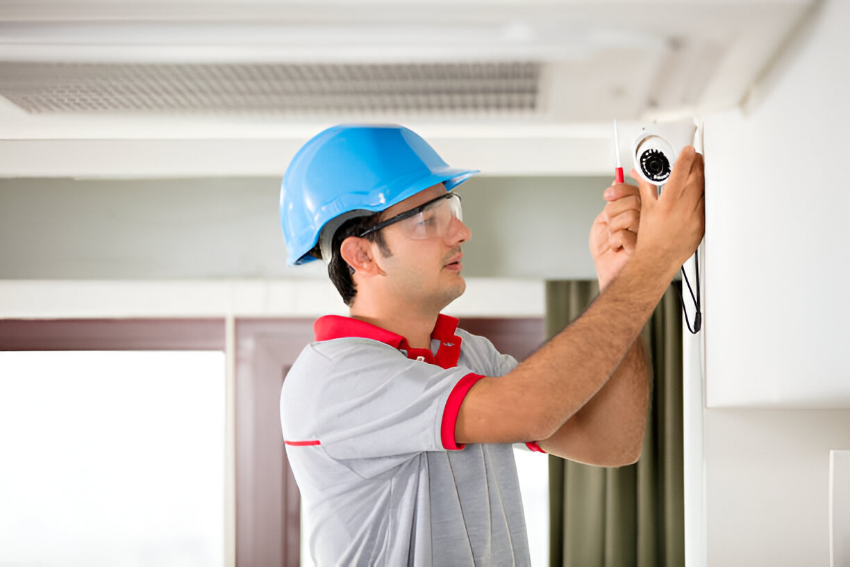 electrician installing security camera in Edmonton