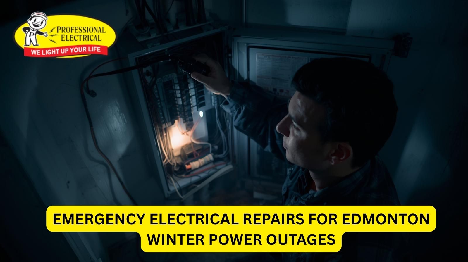 Emergency electrician repairing power outage during Edmonton winter storm